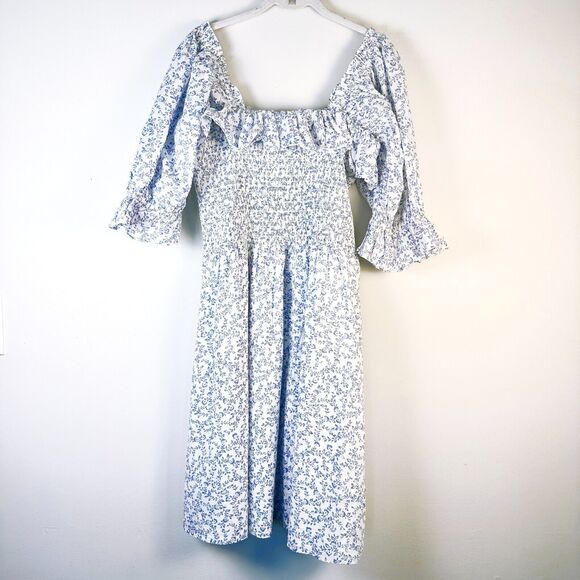 WAYF Dress Women 1X Plus Blue Floral Tonya Smocked Cottagecore 100% Cotton NWOT - Picture 3 of 10
